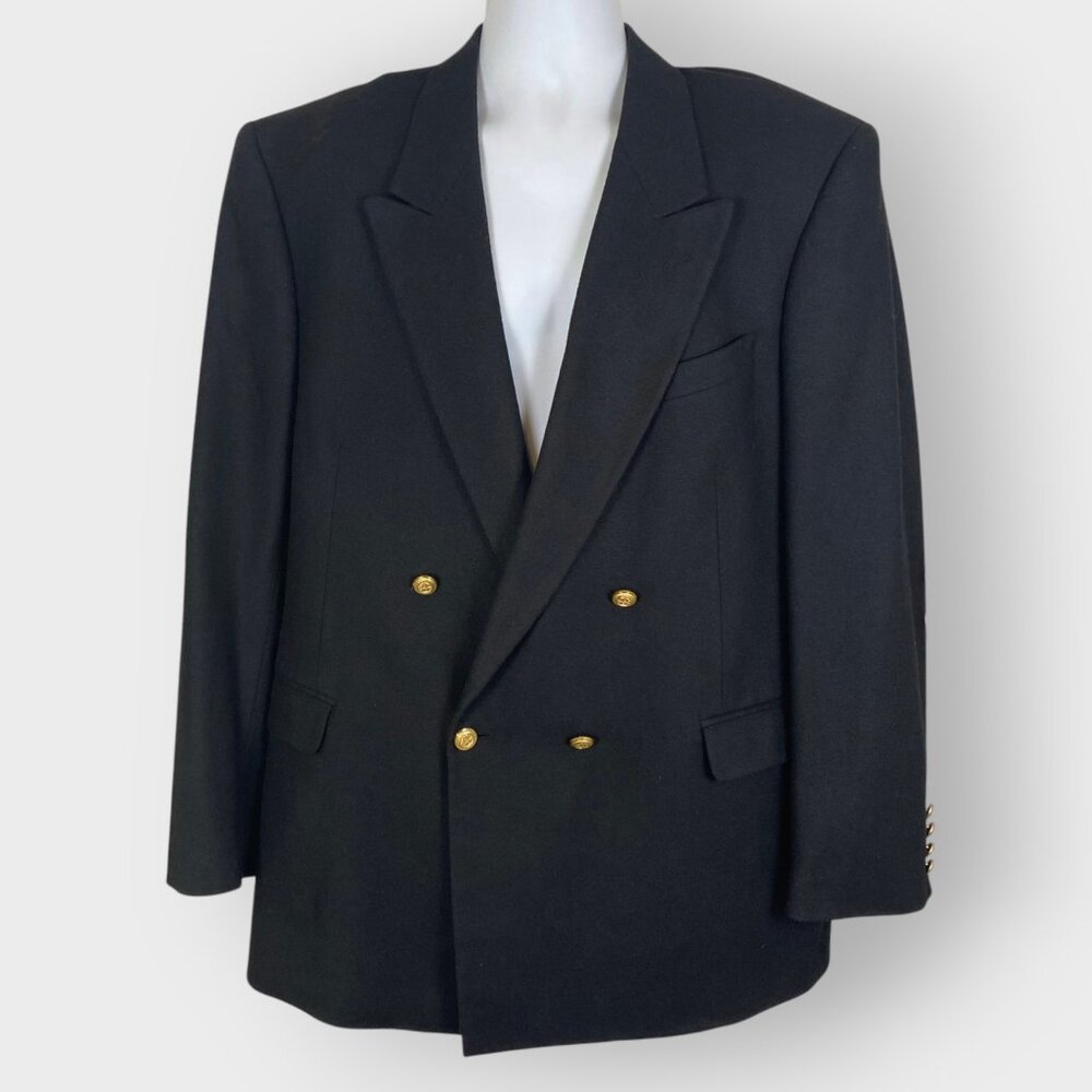 JD Christopher Double Breasted Blazer | 44L | Black Gold Buttons | Wool Blend